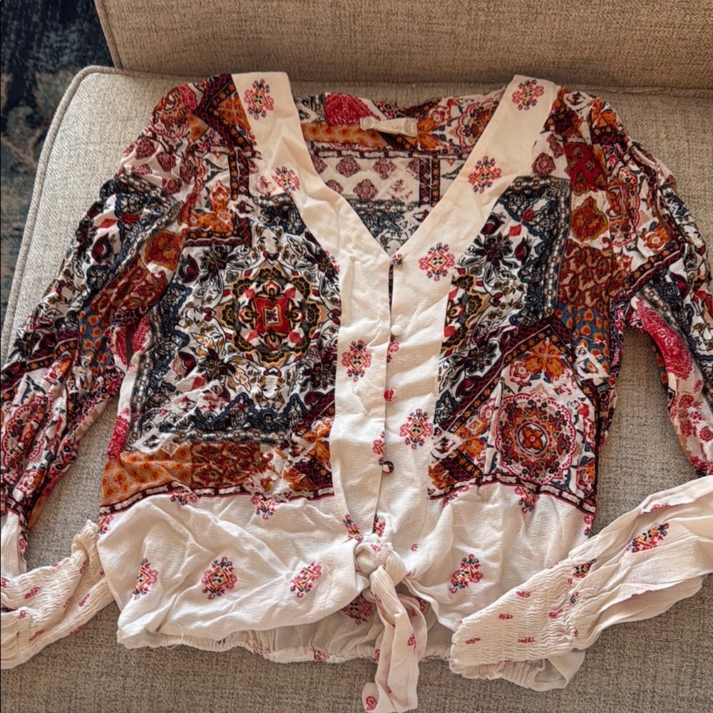 Altar'd State Red and White Long Sleeve Tie Front Blouse